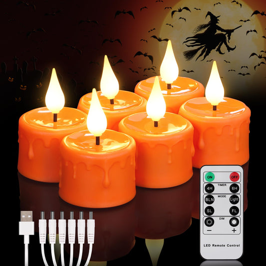FREEPOWER Orange Halloween Candles,Rechargeable Flameless Candles with Remote Timer, Soft 3D Wick LED Tealights Candle, Rechargeable Candles