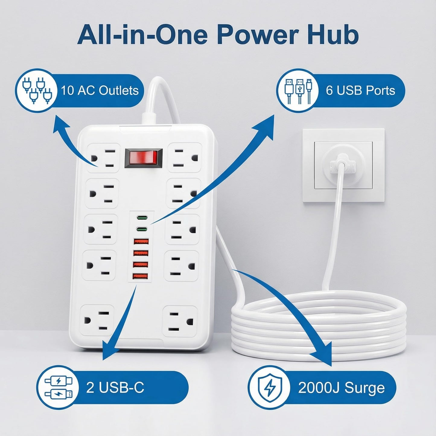 Surge Protector Extension Power Strip Cord Plug, 10 Widely Spaced Outlets and 6 USB Charger(2 USB C Port), 6 Ft, for Travel, Office, Dorm Room