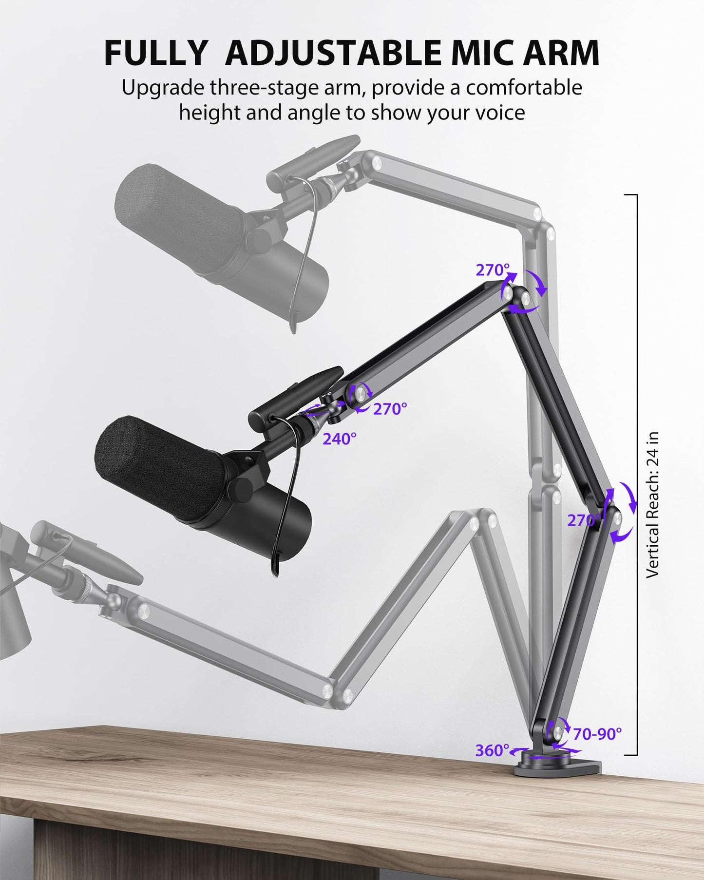 KU XIU Aluminum Alloy Boom Arm Microphone Stand for Desk, Three-Section Adjustable Mic Arm Mount with Cable Management Channels for Desktop