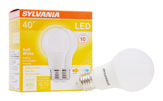 Sylvania LED Light Bulb, 40W Equivalent A19, Efficient 6W, Medium Base, Frosted Finish, 450 Lumens, Soft White - 2 Pack (74077)