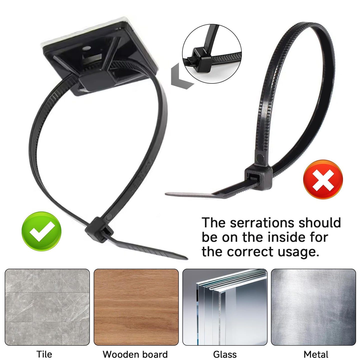Black Zip Ties Mount, 100 Set 3/4" Adhesive Zip Tie Mount with Screws, Sturdy 8" Outdoor Cable Zip Ties, Cable Clips Management, Sticky Wire Holders