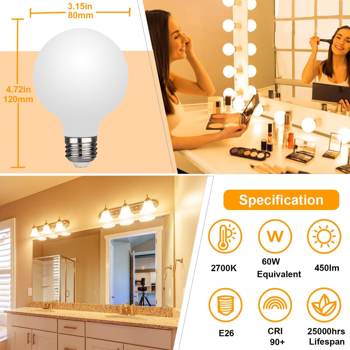 Jacqueny Frosted Glass G25 Globe Light Bulbs 60w Eq, Moisture Resistant G25 Dimmable LED 6W 450LM 2700K 6PCS with 360° Beam Angle, E26 Vanity Bathroom