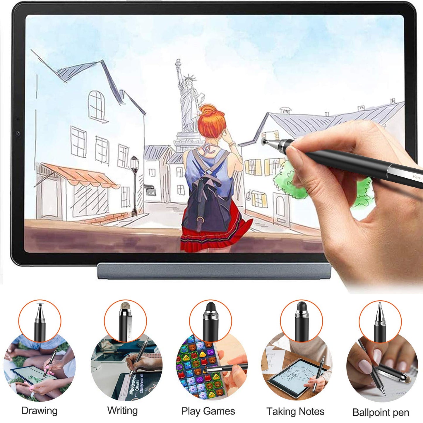 Penyeah Stylus Pen, 4 in 1 Stylus Pen for Touch Screens Everyday Use -Black