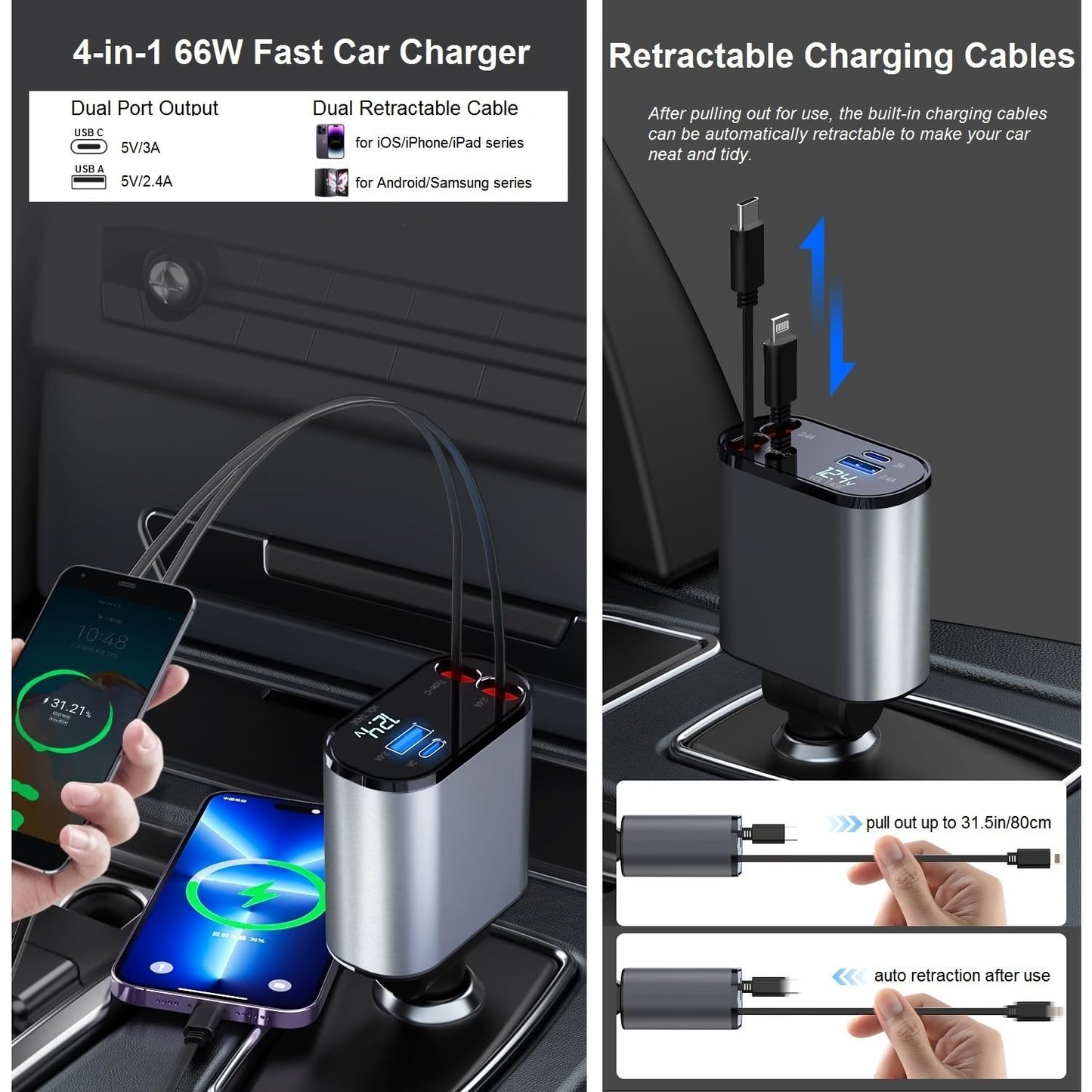 Retractable Car Charger Fast Charging - 66W 4-in-1 USB C Car Phone Charger Cigarette Lighter Adapter Car Charger Compatible with iPhone 15 14 13 12