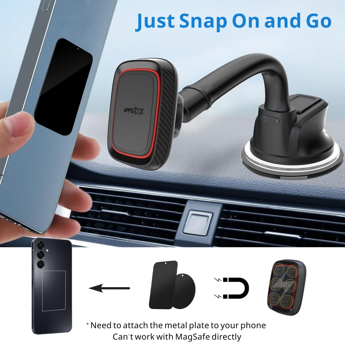 APPS2Car Magnetic Car Phone Holder Mount [6 Strong Magnets], Cell Phone Holder Car [Suction Cup], Phone Car Holder Mount [Windshield Dashboard] fit