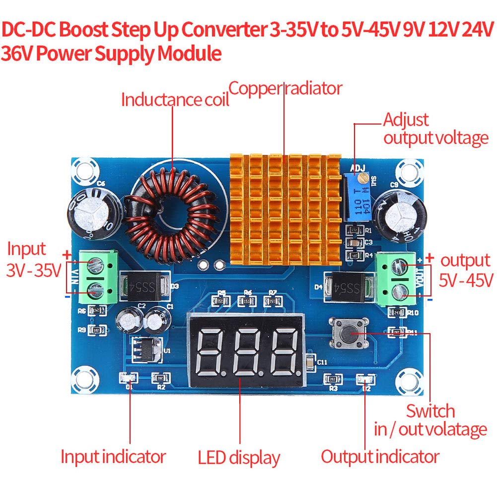 Haosie DC Boost Converter, XH-M411 DC 3-35V to 5-45V Output Voltage, Adjustable Step Up Voltage Regulator Module for Solar Panels
