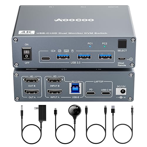 USB C KVM Switch 4K@60Hz,Dual Monitor USB C HDMI KVM Switch for 1 PC and 1 Laptop Sharing 2 Monitor and 4 USB3.0 Devices, PD Power for Laptop