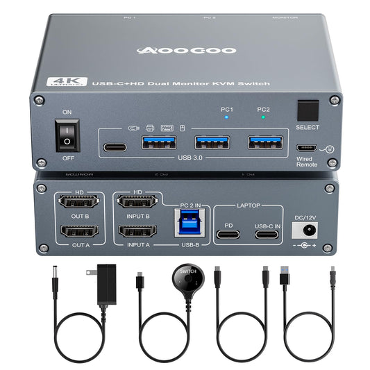 USB C KVM Switch 4K@60Hz,Dual Monitor USB C HDMI KVM Switch for 1 PC and 1 Laptop Sharing 2 Monitor and 4 USB3.0 Devices, PD Power for Laptop