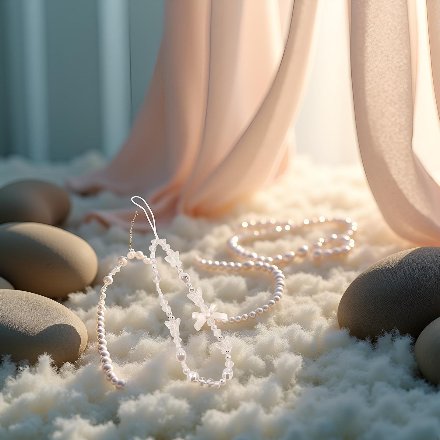 Qintreesify White Mobile Phone Lanyard Universal Chain White Pearl Beaded Phone Lanyard Wrist Strap Anti Lost Charm Strap Fashion Case Keychain Wallet