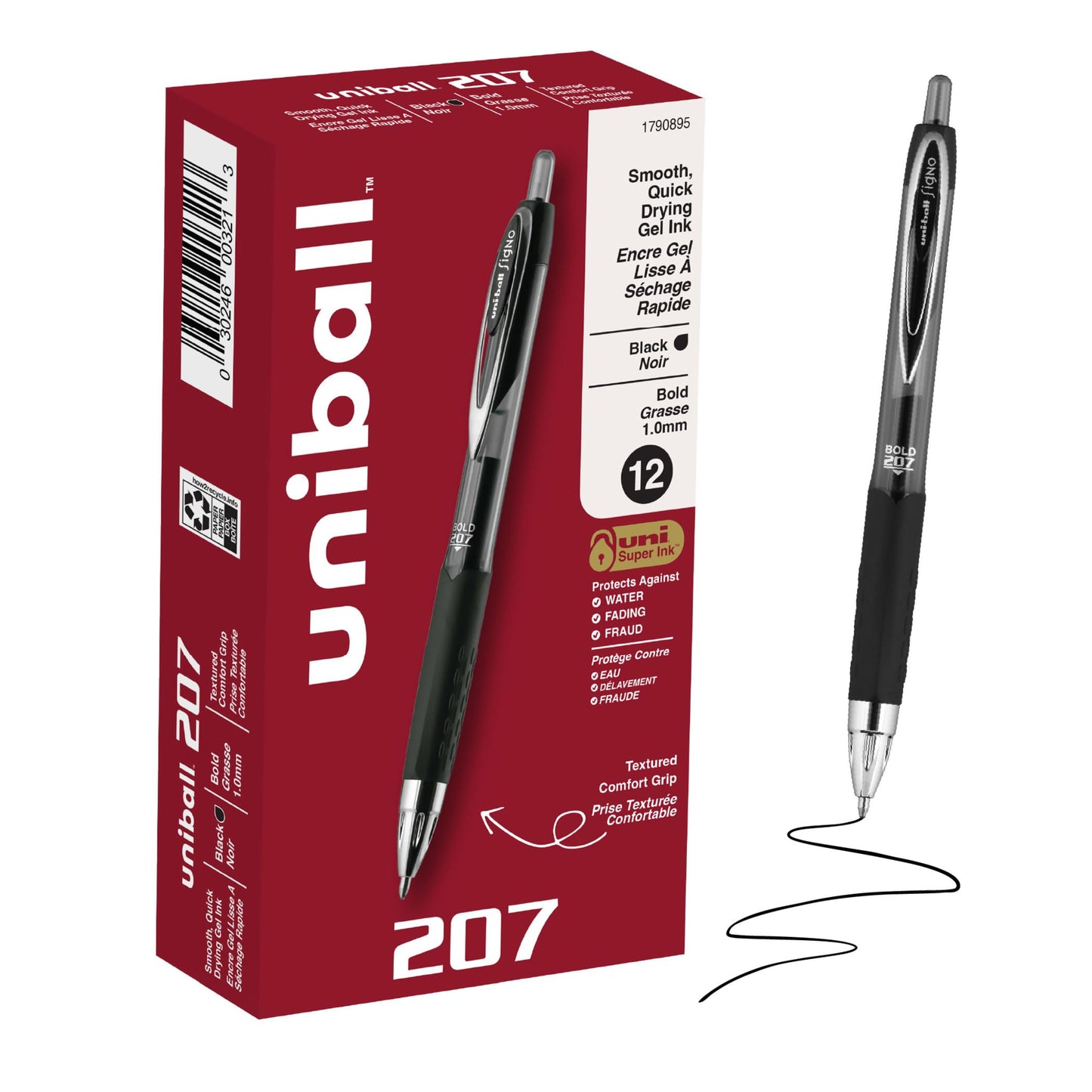 uniball™ 207 Gel Pens, Black Ink, 1.0mm Bold Point, Retractable, 12 Count