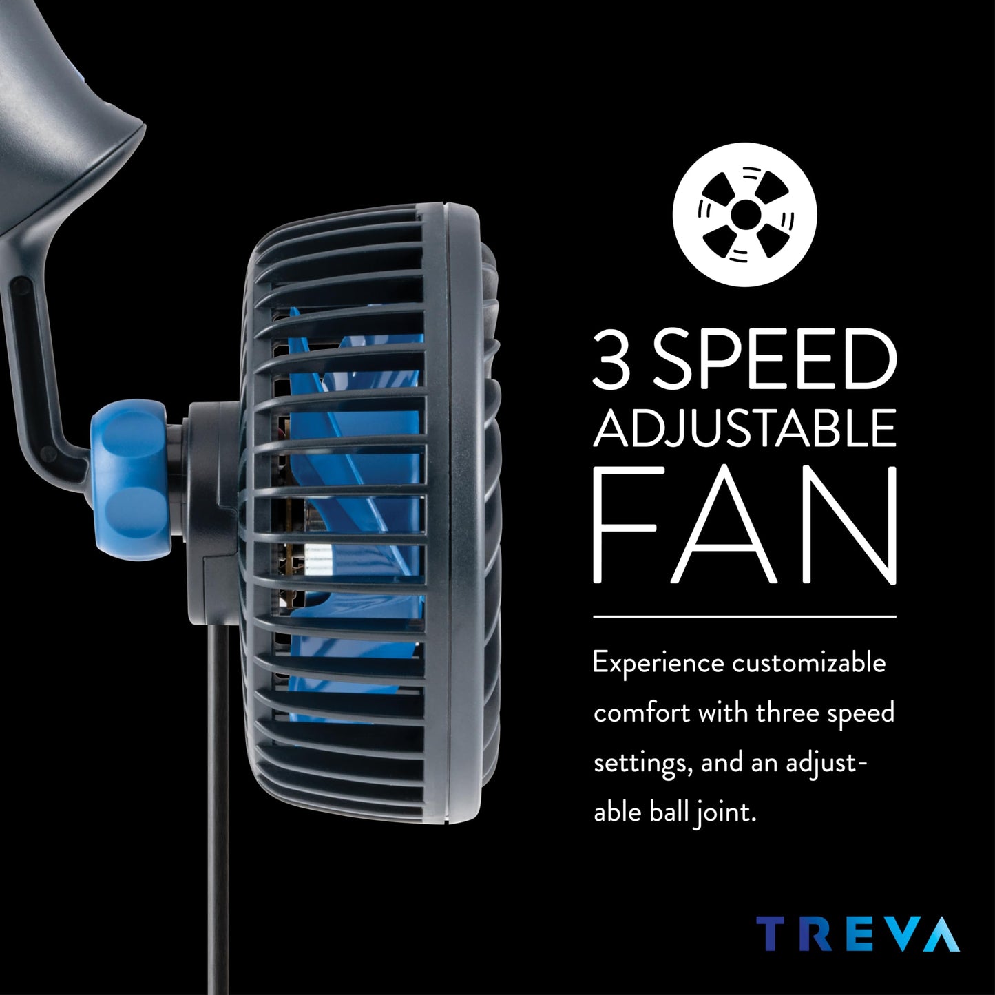 Treva 3.5 in USB Fan with Suction Cup 3-Speed Attachable Car Fan Black