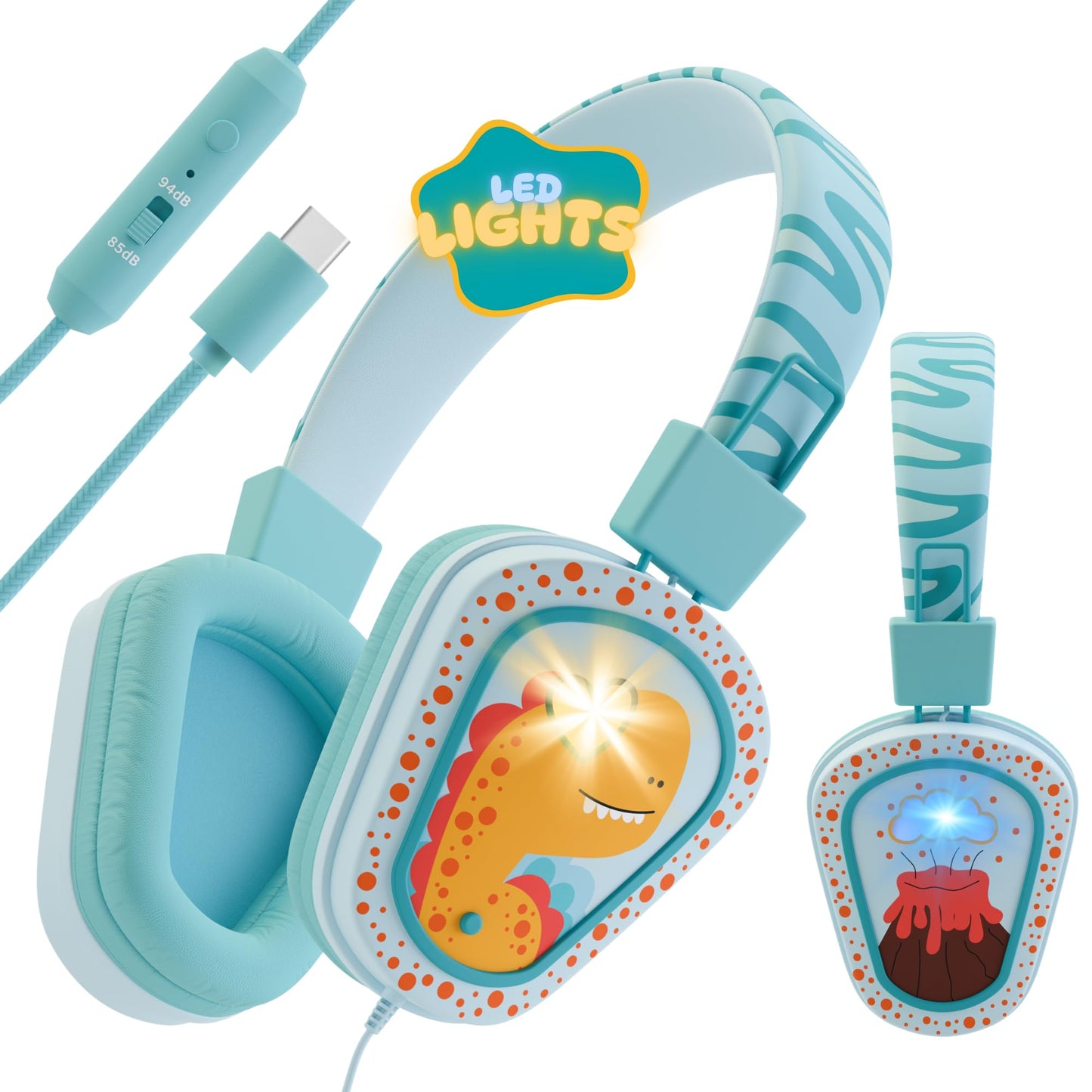Kidrox® Kids Headphones Wired LED Lights with Microphone, Durable and Flexible, Volume Limited 85/94db Kid Safe Dinosaur Headphones for Kids, Perfect