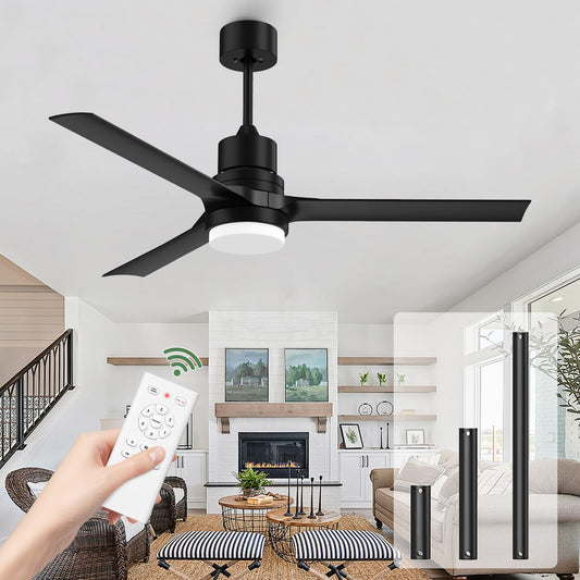 Obabala Outdoor Ceiling Fans with Lights, 52 Inch Black Ceiling Fan with Light and Remote 3 Color 6 Speed Adjustable, Noiseless DC Motor for Indoor