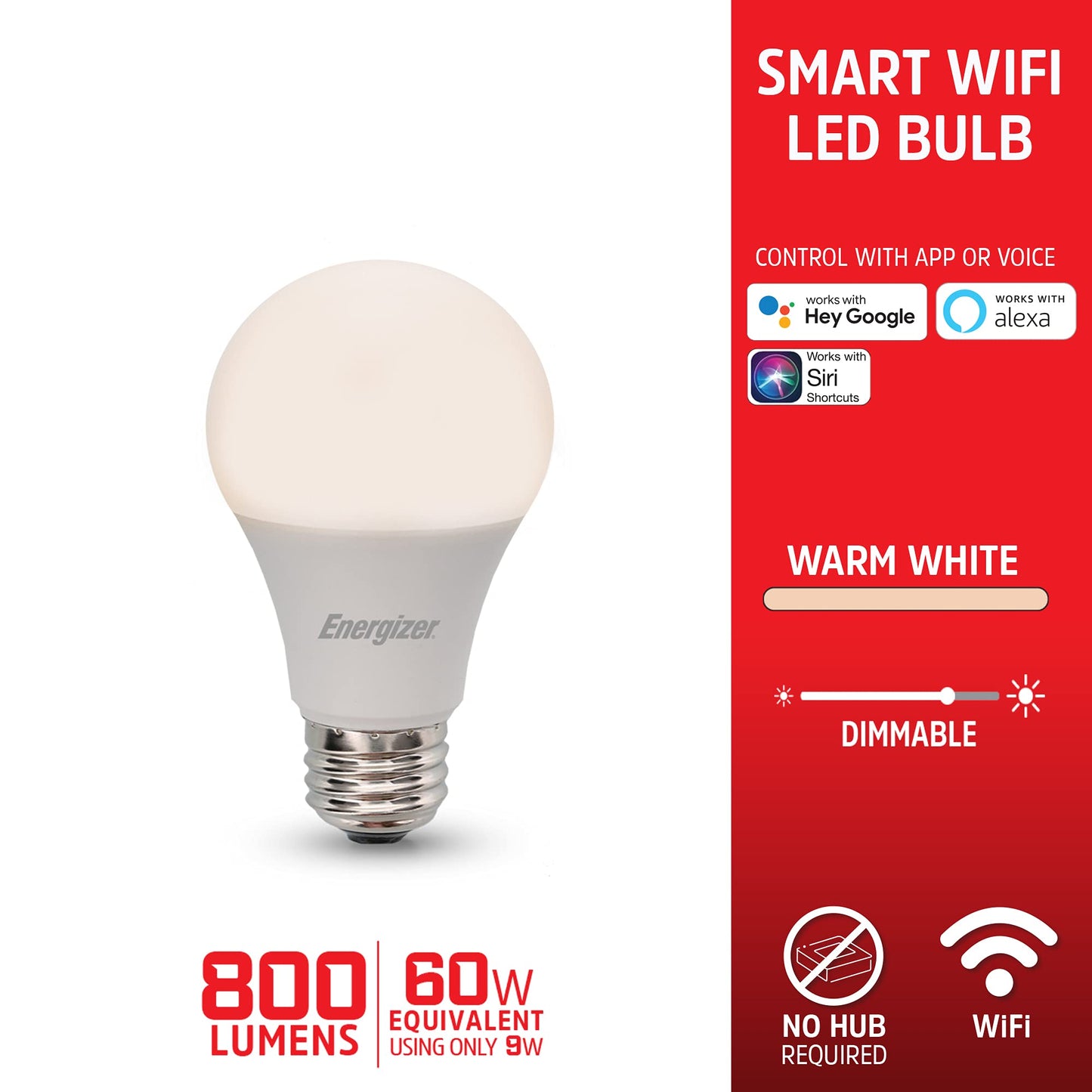 XTREME Energizer Smart Wi-Fi LED Light Bulb, Warm White, 60W, 800 Lumens, Compatible with Alexa, Google Assistant and Siri, Control from Anywhere