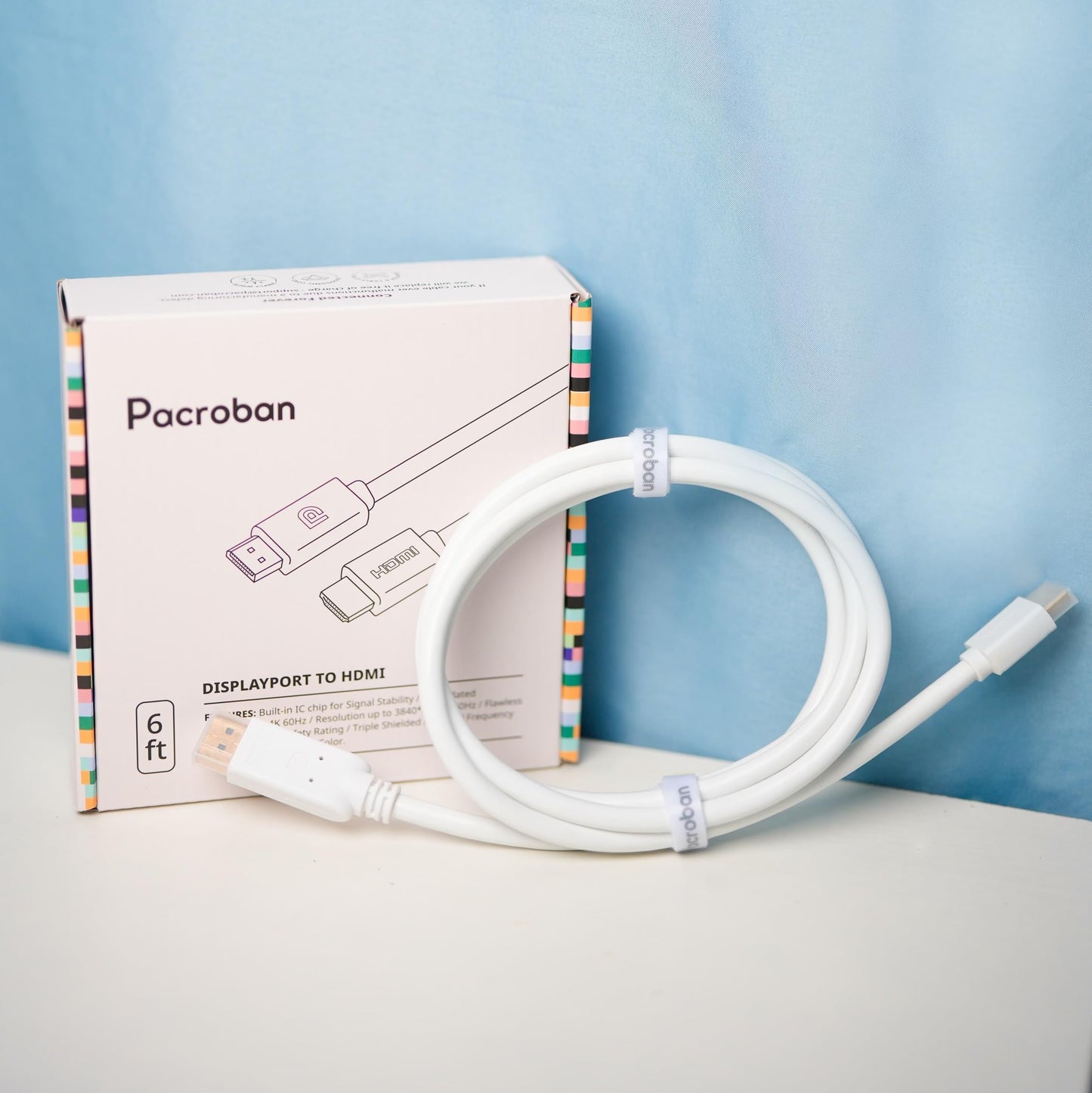 Pacroban DisplayPort (Source) to HDMI (Display) Cable 4K 60Hz White Cord, CL3 Rated Fire Safe - 6 Foot Uni-Directional