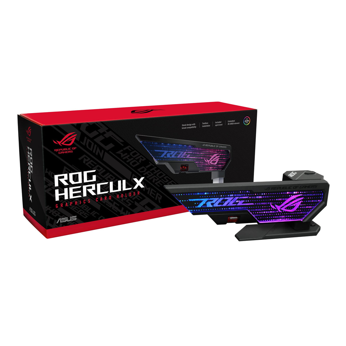 ASUS ROG Herculx GPU Anti-Sag Holder, Solid Zinc Alloy Construction, Easy Toolless Installation, Included Spirit Level, Adjustable Height, Wide