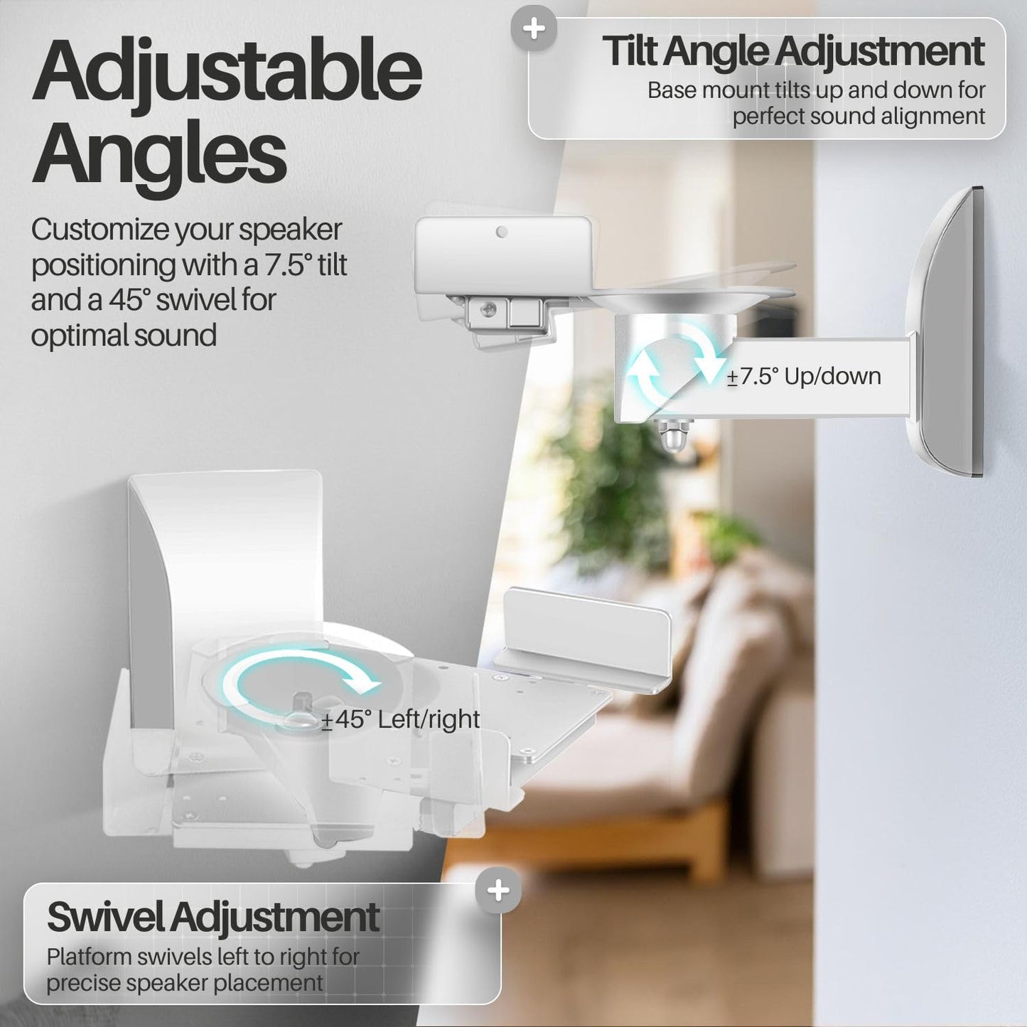 TNP Speaker Wall Mounts - Dual Side Clamping Bookshelf Mounting Bracket for Large Surround Sound Speaker with Adjustable Swivel & Tilt Angle for Home