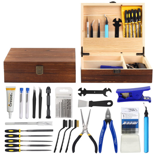 SHUAIAIW 3D Printer Tool Kit with Wooden Box - 3D Printing Accessories Include Nozzle Cleaning Kit, Deburring Tool, Scraper - Suitable for 3D