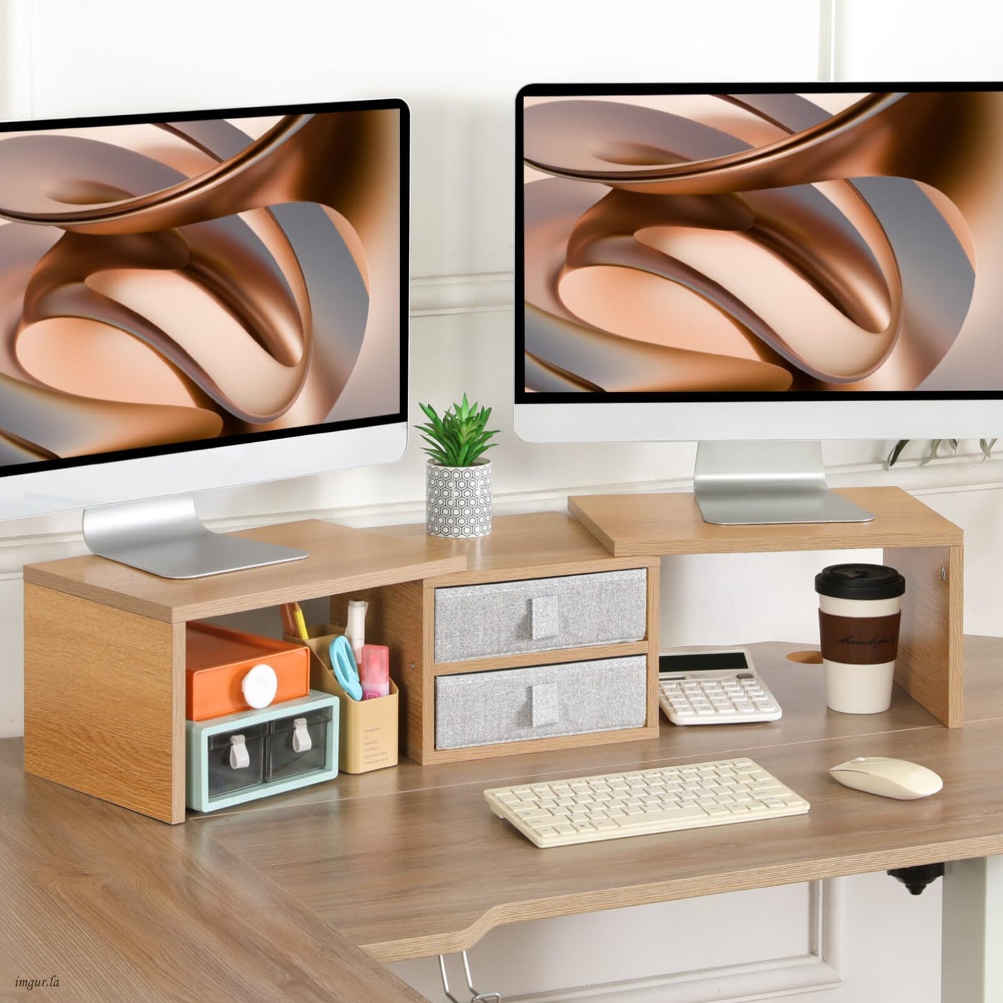 TEAMIX 42 inch Dual Monitor Stand Riser with 2 Drawers- Length and Angle Adjustable 3 Shelf Riser with Storage Desk Organizer Computer Monitor Stand