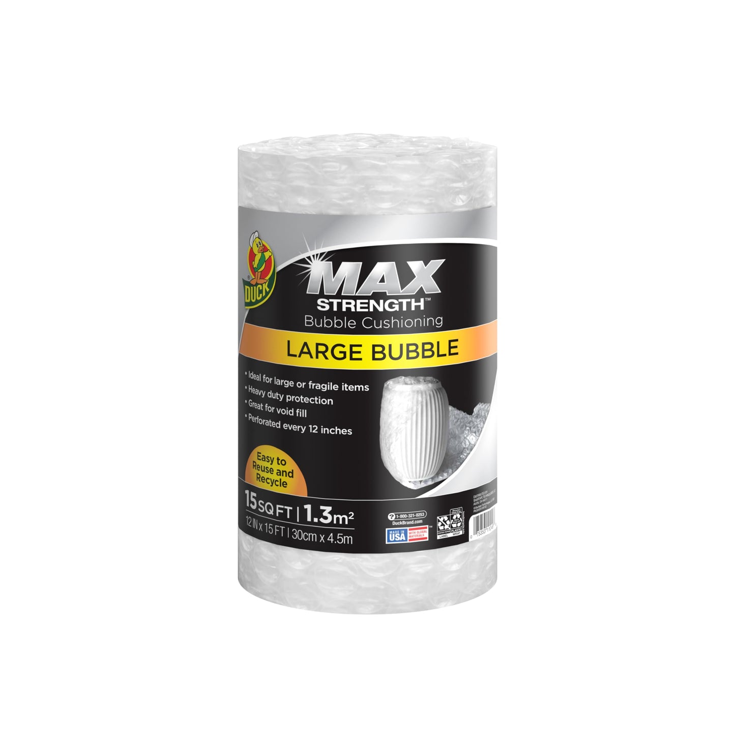 Duck Max Strength Bubble Cushioning Wrap for Moving & Shipping, 15 FT, Large Bubble Packing Wrap for Heavy Duty Protection Packaging Boxes, Clear