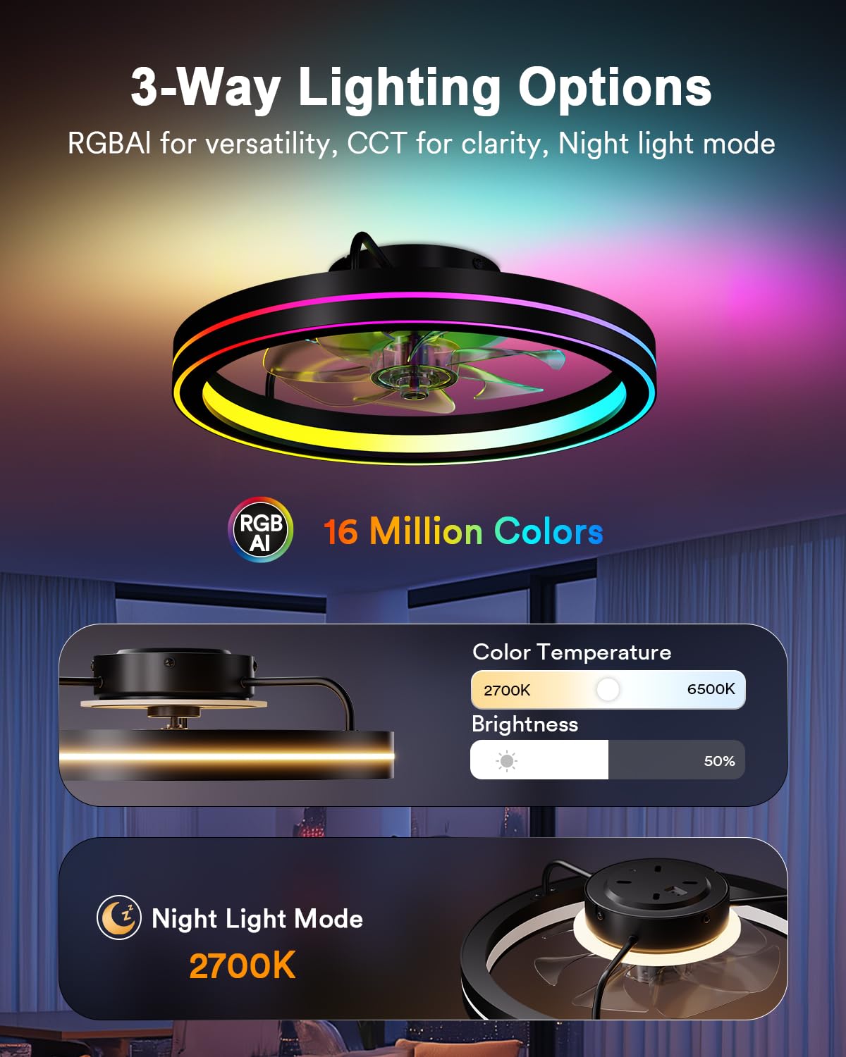 Lumary Smart Ceiling Fans with Lights and Remote, WiFi & Bluetooth Low Profile Ceiling Fan with 2200K Nightlight for Bedroom, RGBAI & 42 Scenes Mode