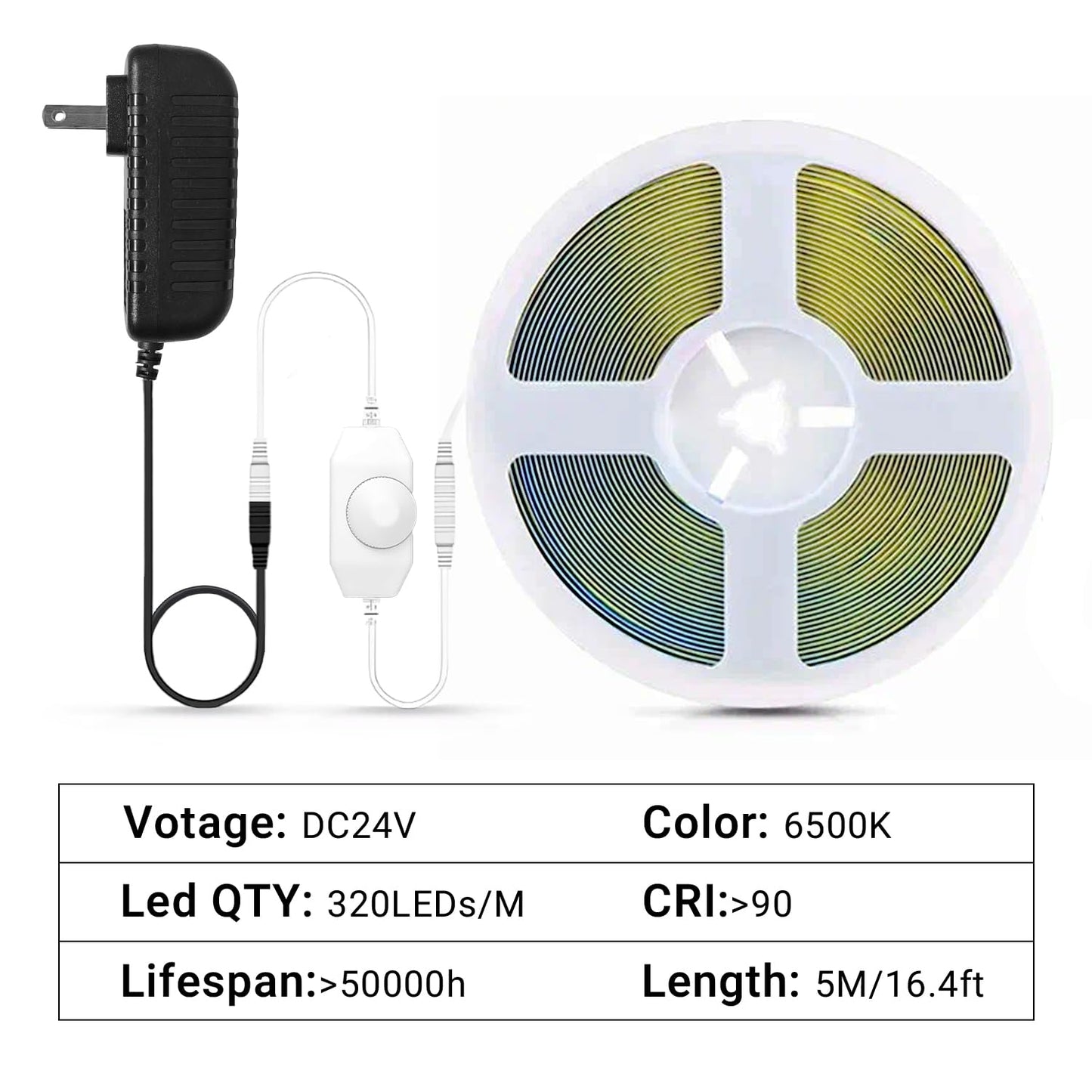 GUPUP 16.4ft COB Turnable Rope Light, White LED Strip Light, 6500K 24V, 1600 LEDs Density Lighting Strip with Dimmable Switch, 3M Adhesive, CRI?90