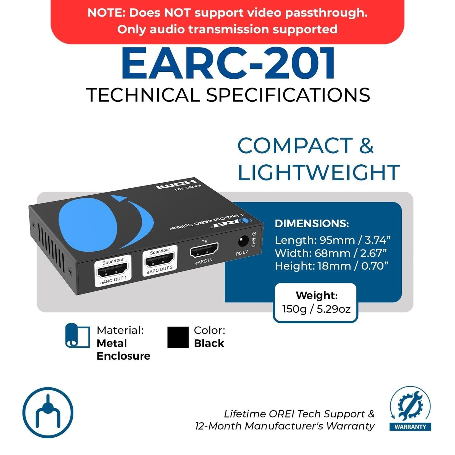 OREI eARC Audio Splitter 1 in 2 Out - HDMI ARC/eARC Audio Extractor & Splitter, Dolby Atmos, DTS:X, TrueHD, CEC Volume Control, Dual Soundbar Audio