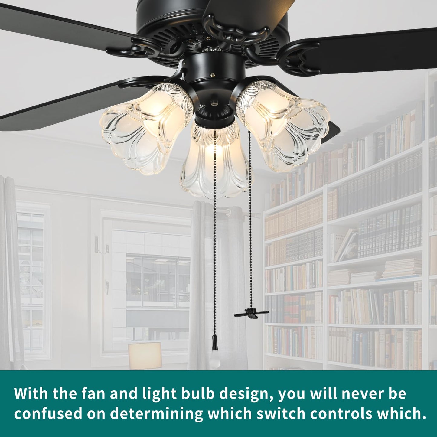 TWLITE 42 Inch Indoor Ceiling Fan with Pull-Chain and Three LED Light Bulbs Base, Traditional 3-Speeds Reversible Blades Ceiling Fan (Black)