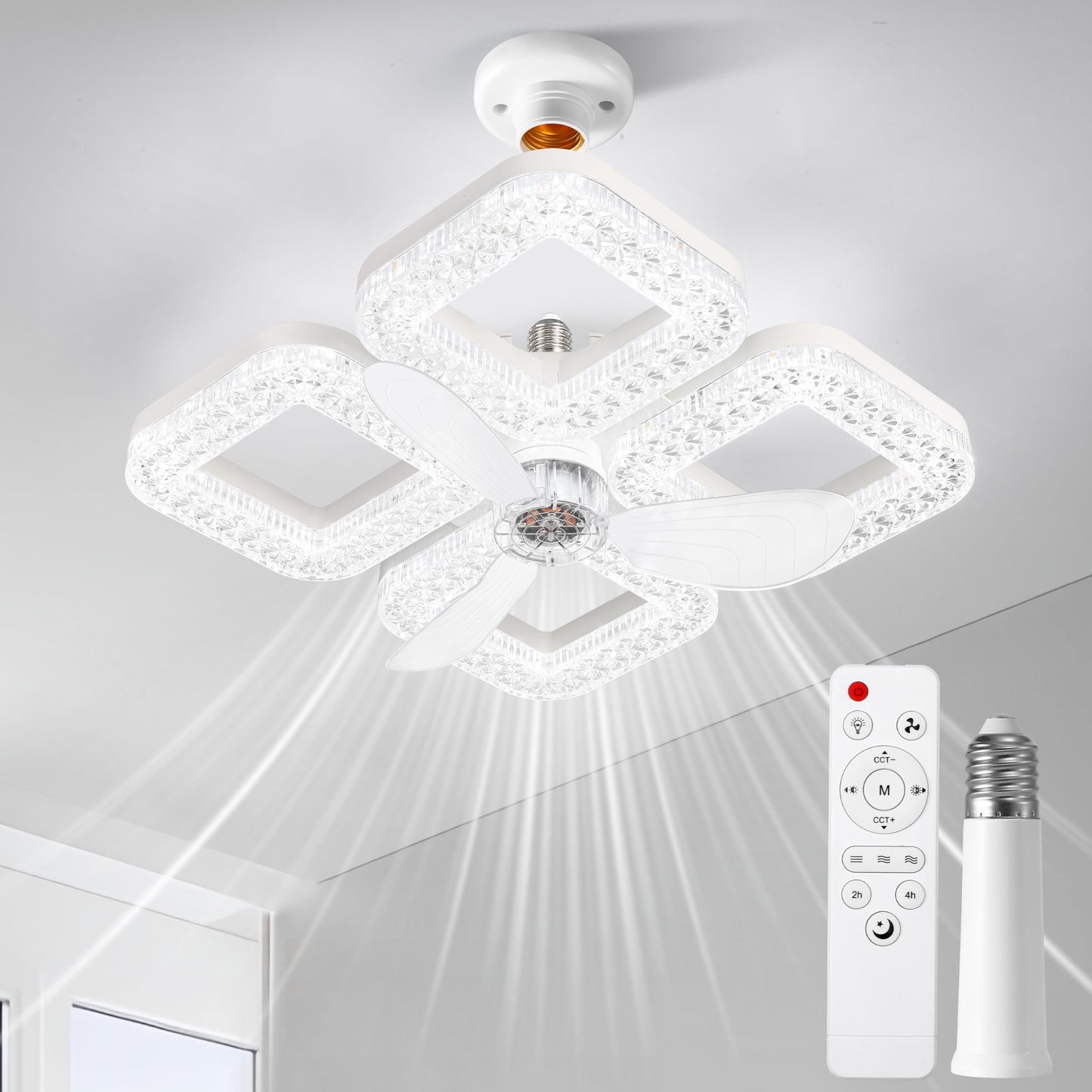 Yrofgzv Socket Ceiling Fan Light with Remote & Extender, 3 Wind Speeds, 2/4H Timer, 3000K-6500K Color Temperature, Ceiling Fan Lamp for Living Room