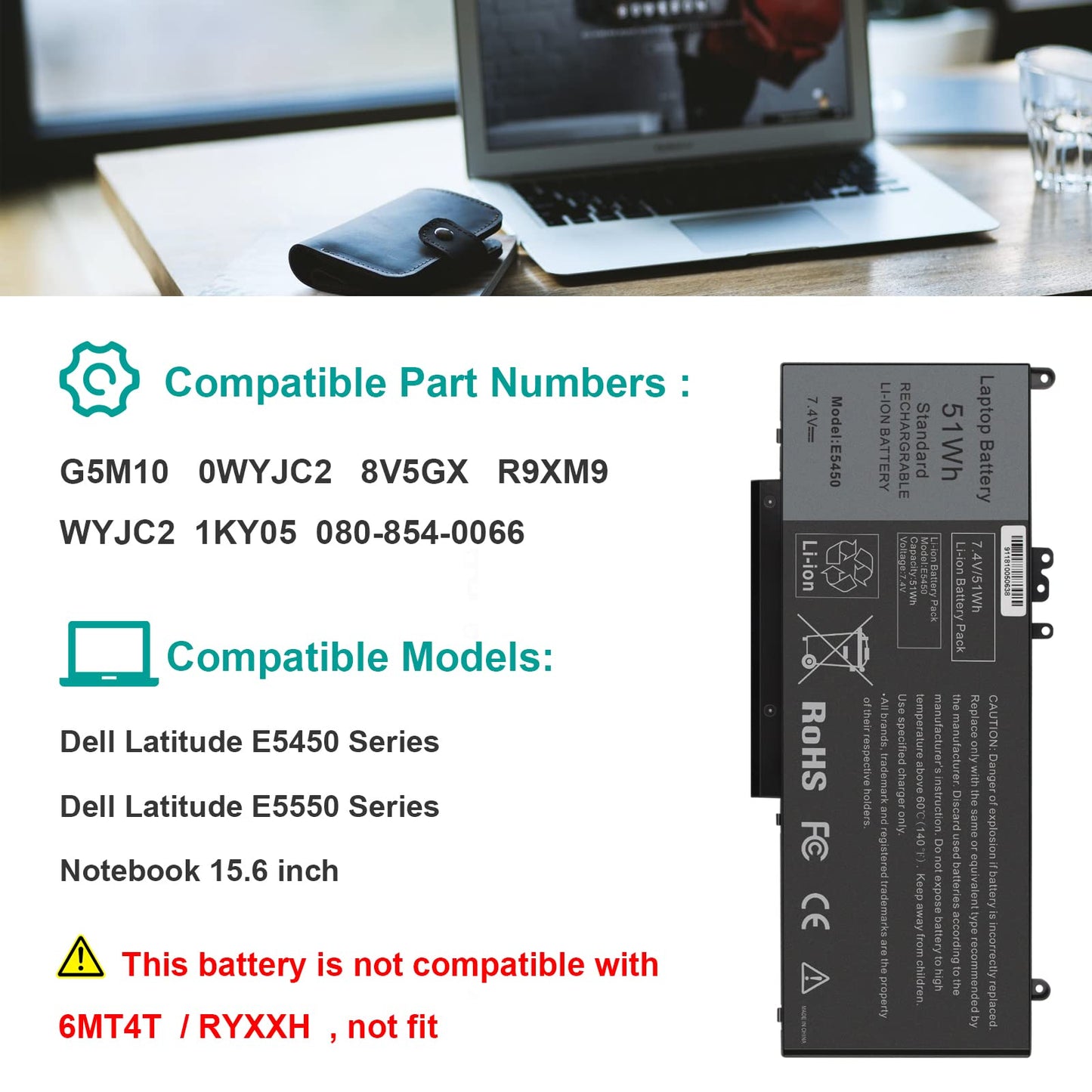 G5M10 Battery for Dell Latitude 14 15 E5450 E5550 E5250 P48G001 Series, 15.6 inch, WYJC2 0WYJC2 8V5GX R9XM9 1KY05 08V5GX VMKXM 5XFWC PF59Y TXF9M 7V69Y