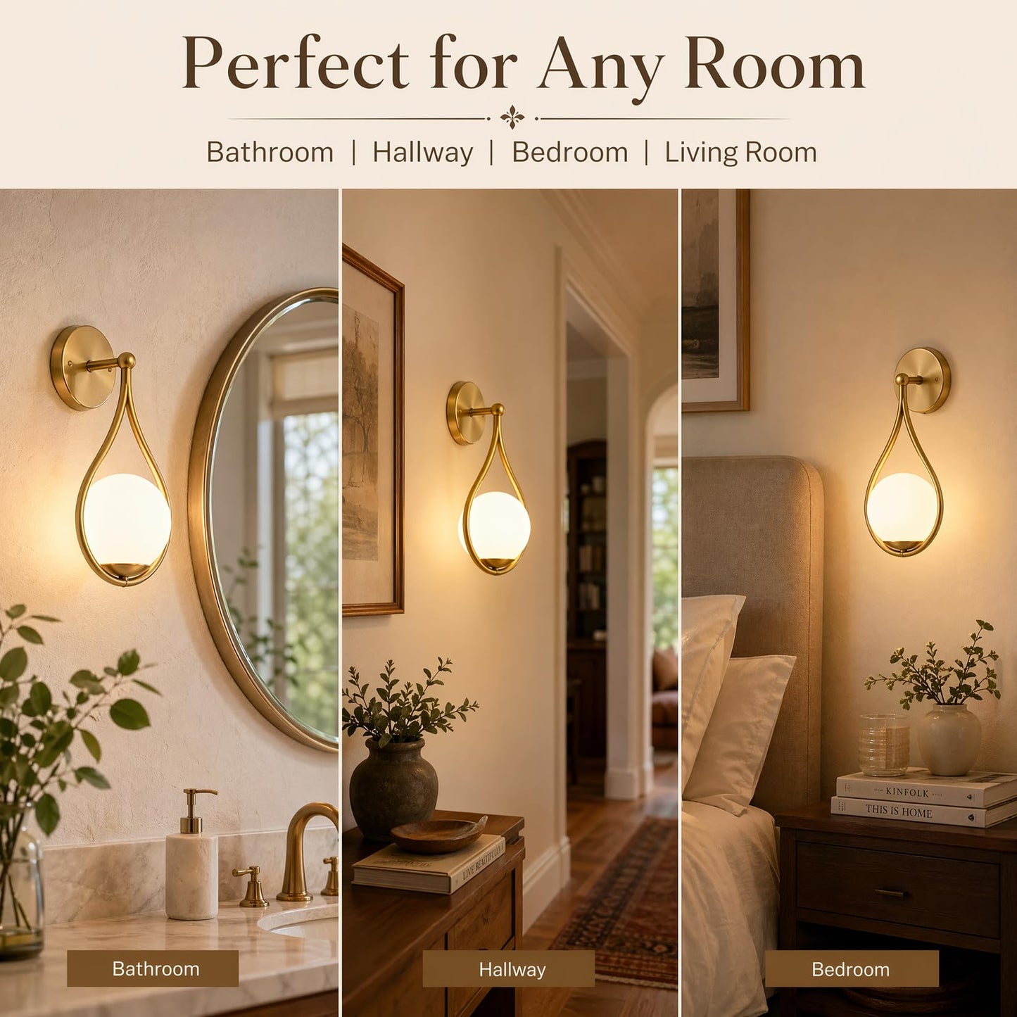 HOLKIRT Mid-Century Modern Wall Sconces Bathroom Globe Vanity Light Fixture Brass Set of 2 Wall Lights for Bedroom, Living Room, Hallway