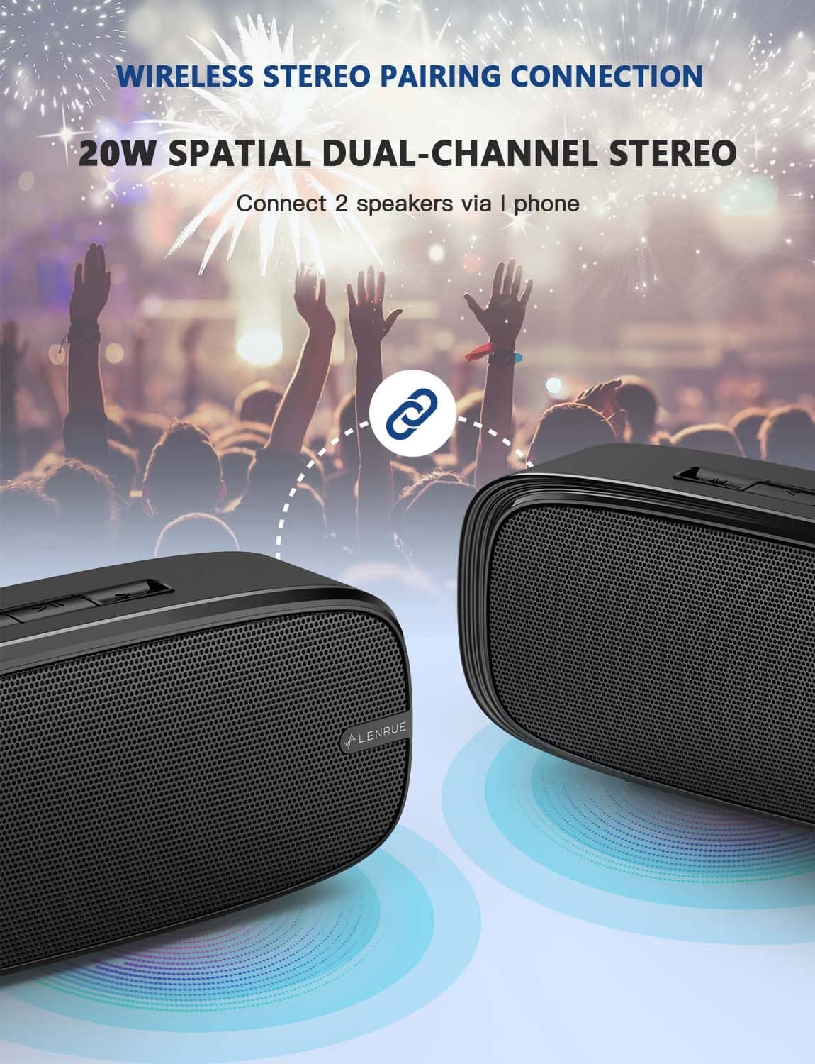 LENRUE Bluetooth Speaker, Wireless Portable Speaker with Loud Stereo Sound, Rich Bass, 12-Hour Playtime, Built-in Mic. Perfect for iPhone, Samsung