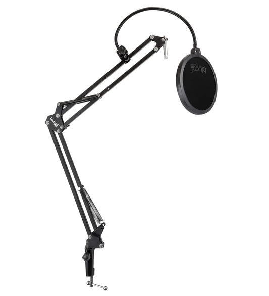 Blucoil Microphone Suspension Boom Scissor Arm Stand with Pop Filter for Audio Technica, AKG, Samson, NEAT, Blue Microphones, and More