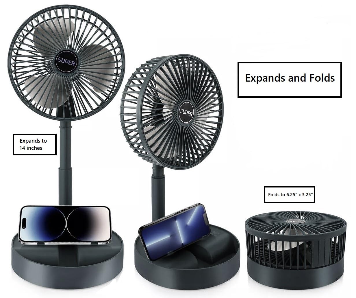 Dependable Industries inc. Essentials Telescopic Folding USB Desk Fan - Adjustable Height 11.5" to 14", Quiet Motor, Compact Table Fan with Phone