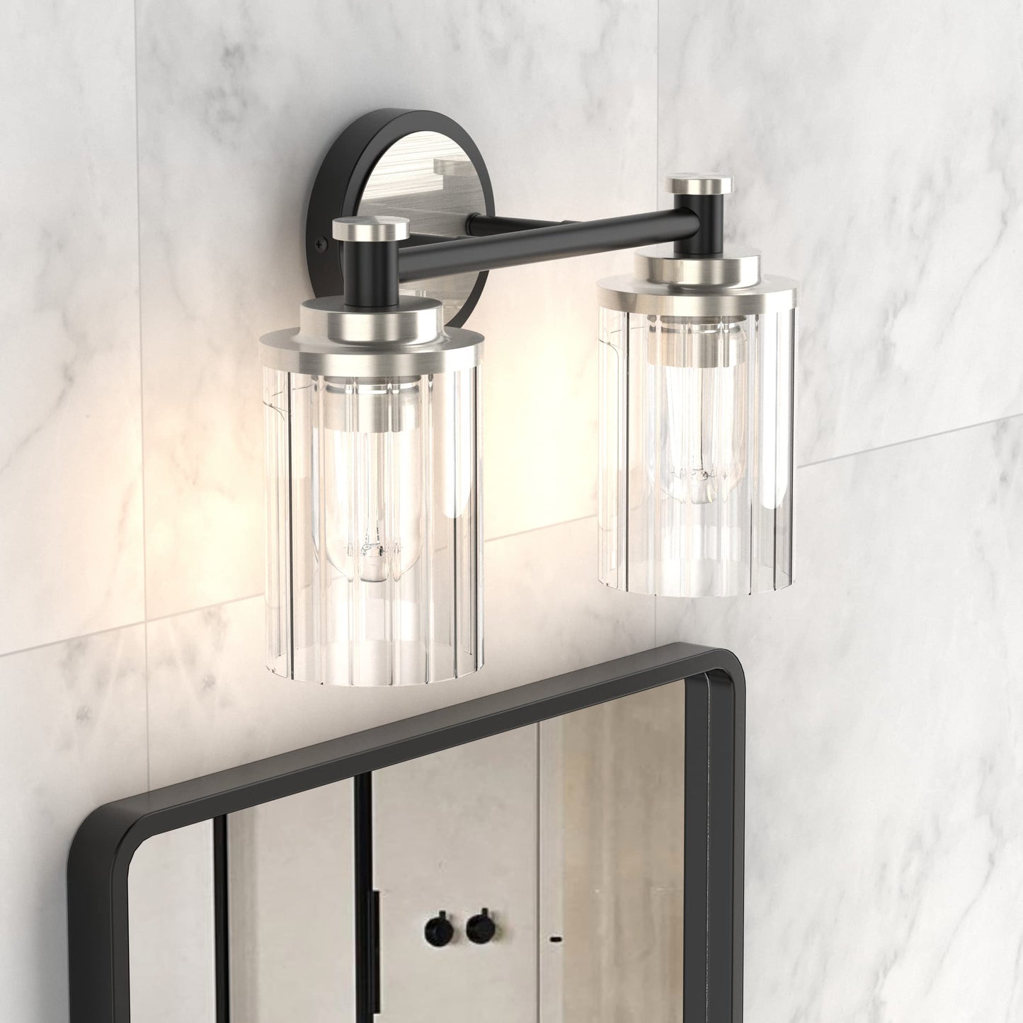 PHIXART Bathroom Lighting Fixtures Black and Brushed Nickel Bathroom Vanity Light with Cylindrical Clear Stripes Glass Lampshade E26 Socket Base