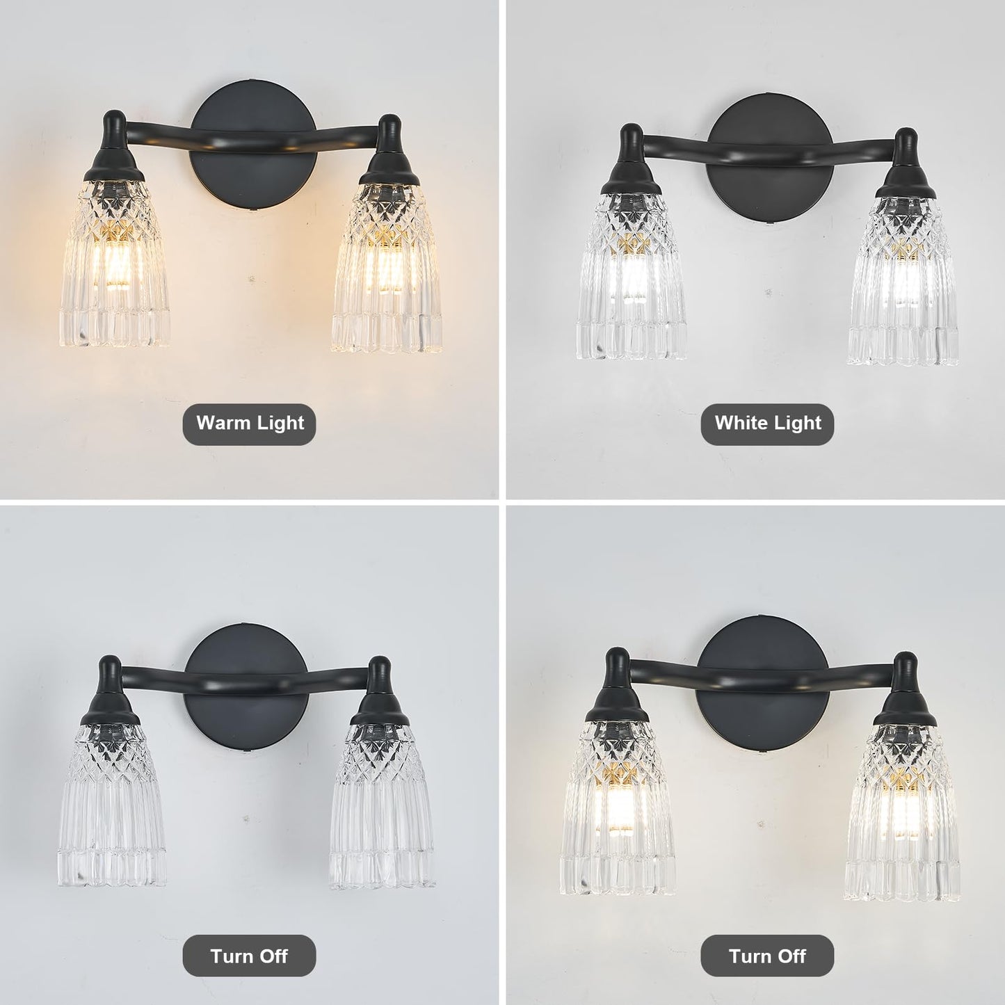 HDDFL Black Bathroom Light Fixture Modern Vanity Lighting 2 Lights Glass Wall Sconce for Bedroom Bath Living Room Hallway