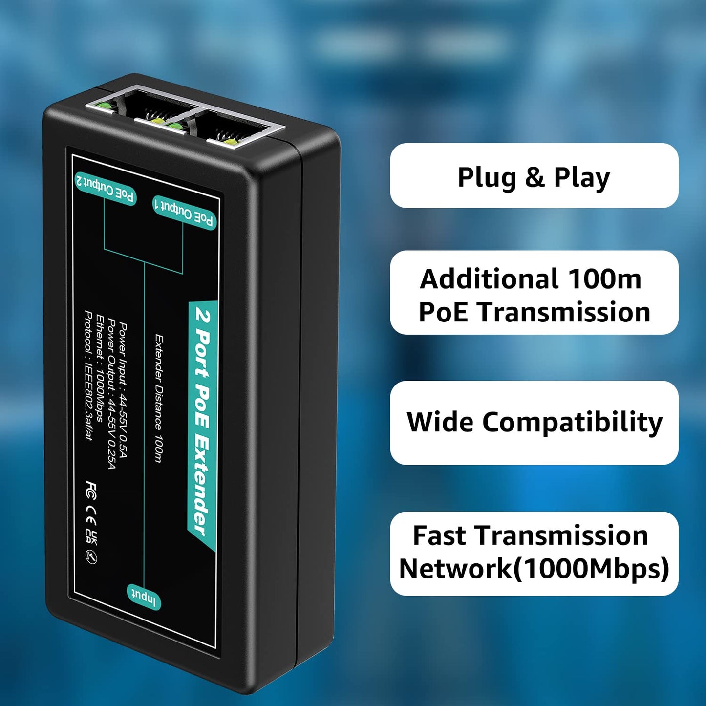 VIMIN 2-Port Gigabit PoE Extender, 1 in 2 Out Indoor PoE Repeater Support IEEE802.3af/at with 1000Mbps, Extend Additional 100m(328ft) of Power