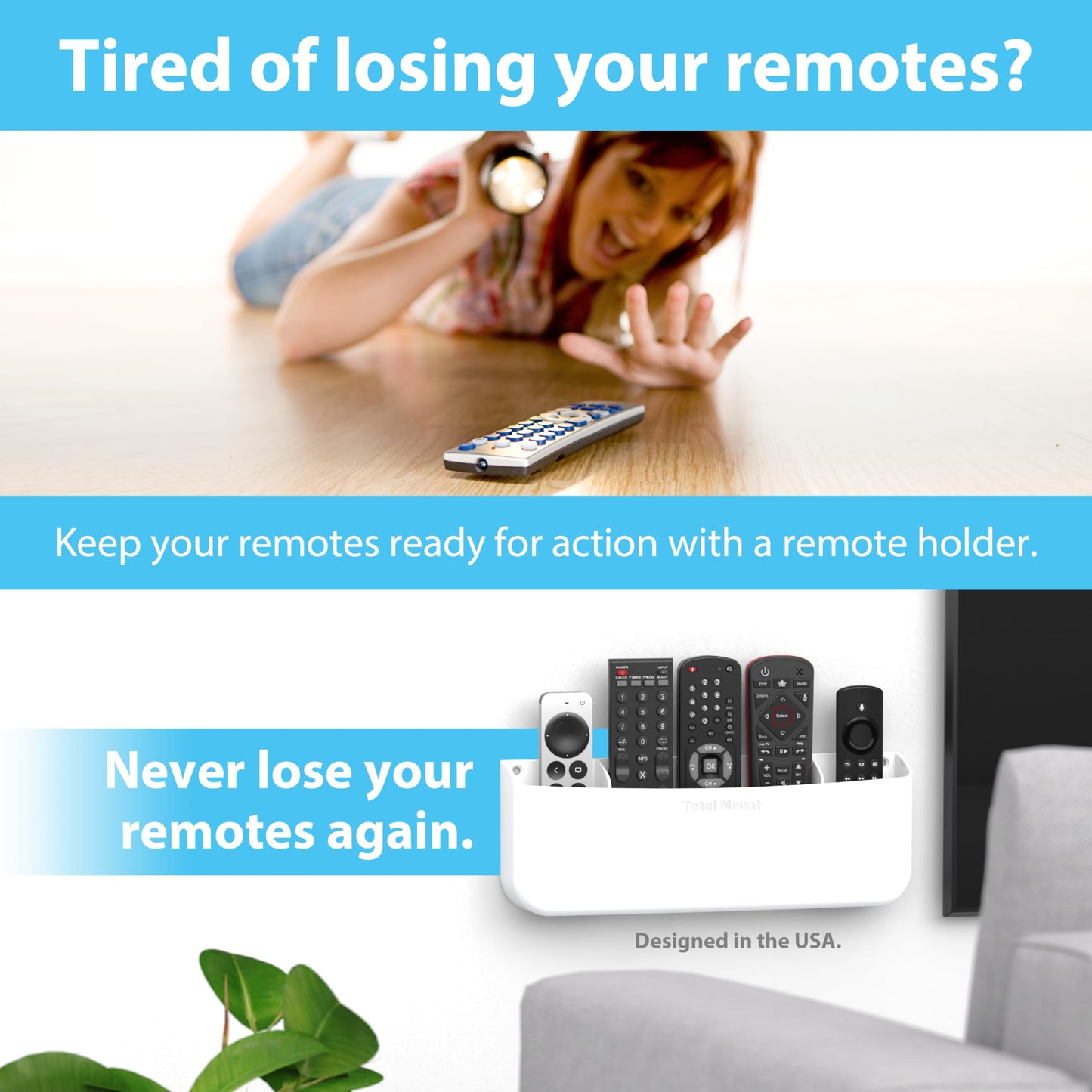 TotalMount Hole-Free Remote Holder - Eliminates The Need to Drill Holes in Your Wall (Premium White Remote Control Holder for 5 or 6 Remotes)