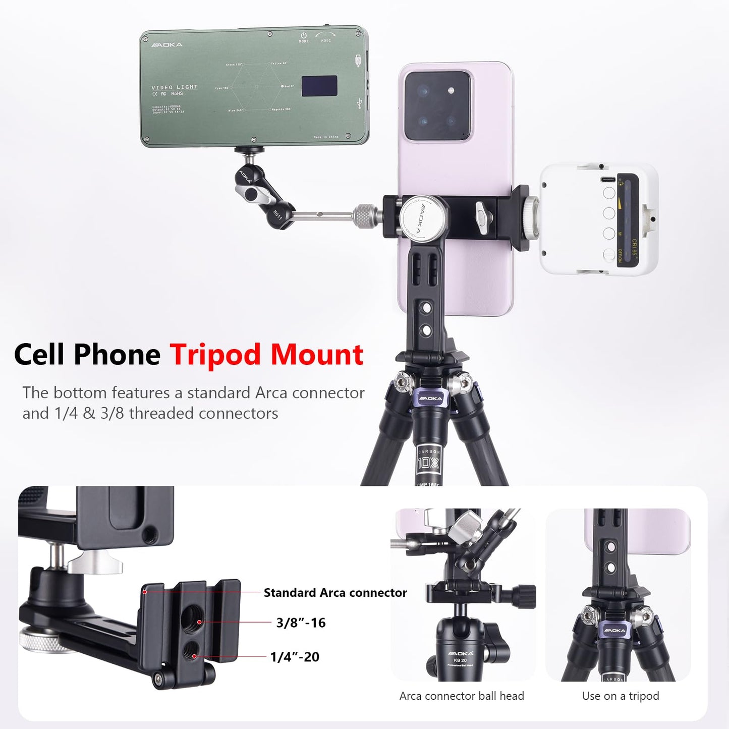 AOKA Metal Phone Tripod Mount, Arca Compatible Base with Cold Shoe, 360° Swivel and 180° Tilt Adjustment, Includes Multiple 1/4 Bolt Expansion Ports