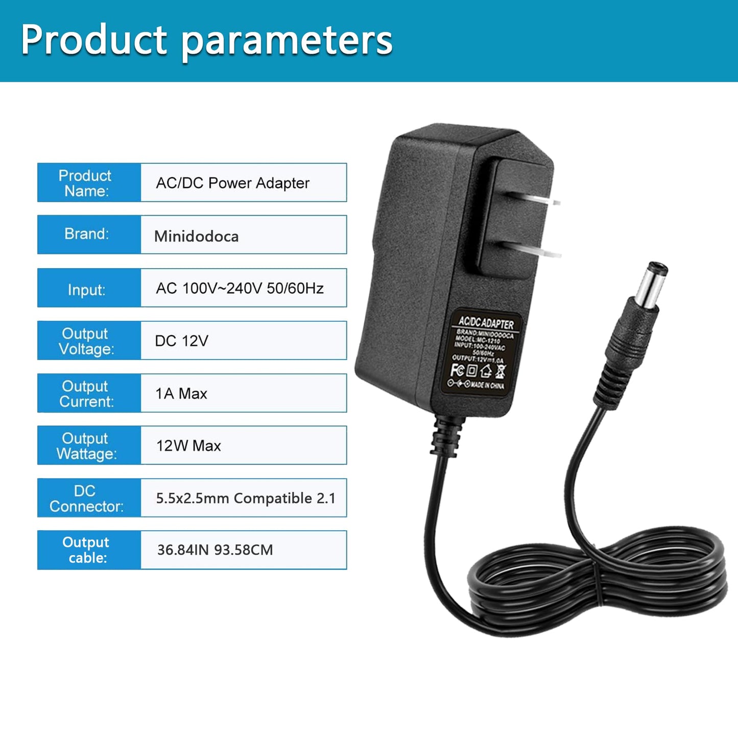 Minidodoca 2 Pack 12V 1A AC/DC Power Supply - 100-240V AC to DC 12V 1A Power Adapter with 5.5x2.5mm & 5.5x2.1mm DC Plug