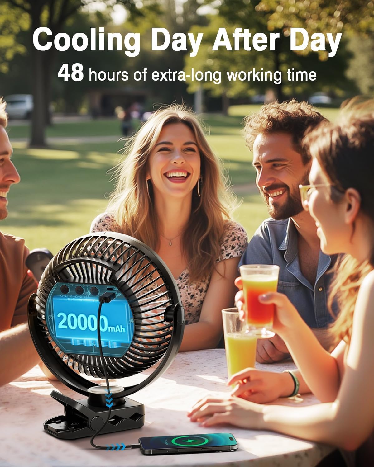 FRIZCOL 20000mAh 8 Inch Portable Clip On Fan,Battery Operated Golf Cart Fan with Lights, USB Fans Small Desk Fans Personal Quiet Fans for Office