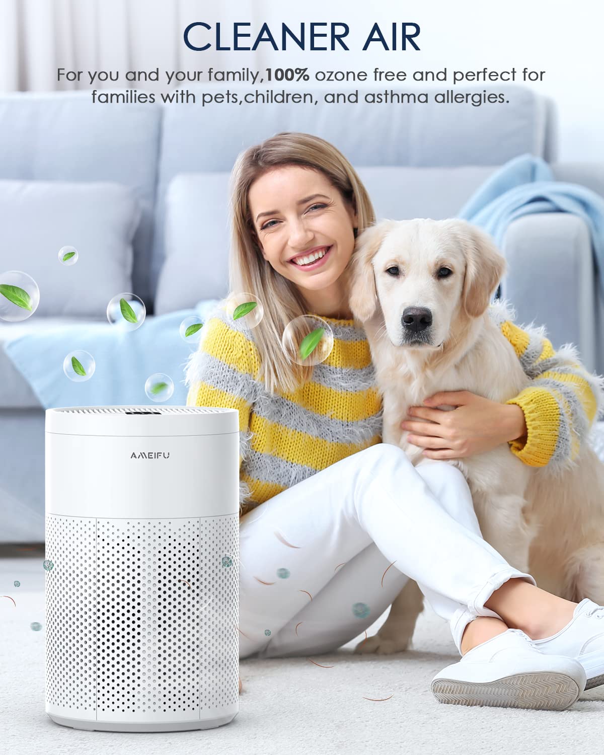 Air Purifiers for Home Large Room up to 1620ft², AMEIFU Upgrade Large Size H13 Hepa Bedroom Air Purifier for Wildfire,Pets Dander with 3 Fan Speeds