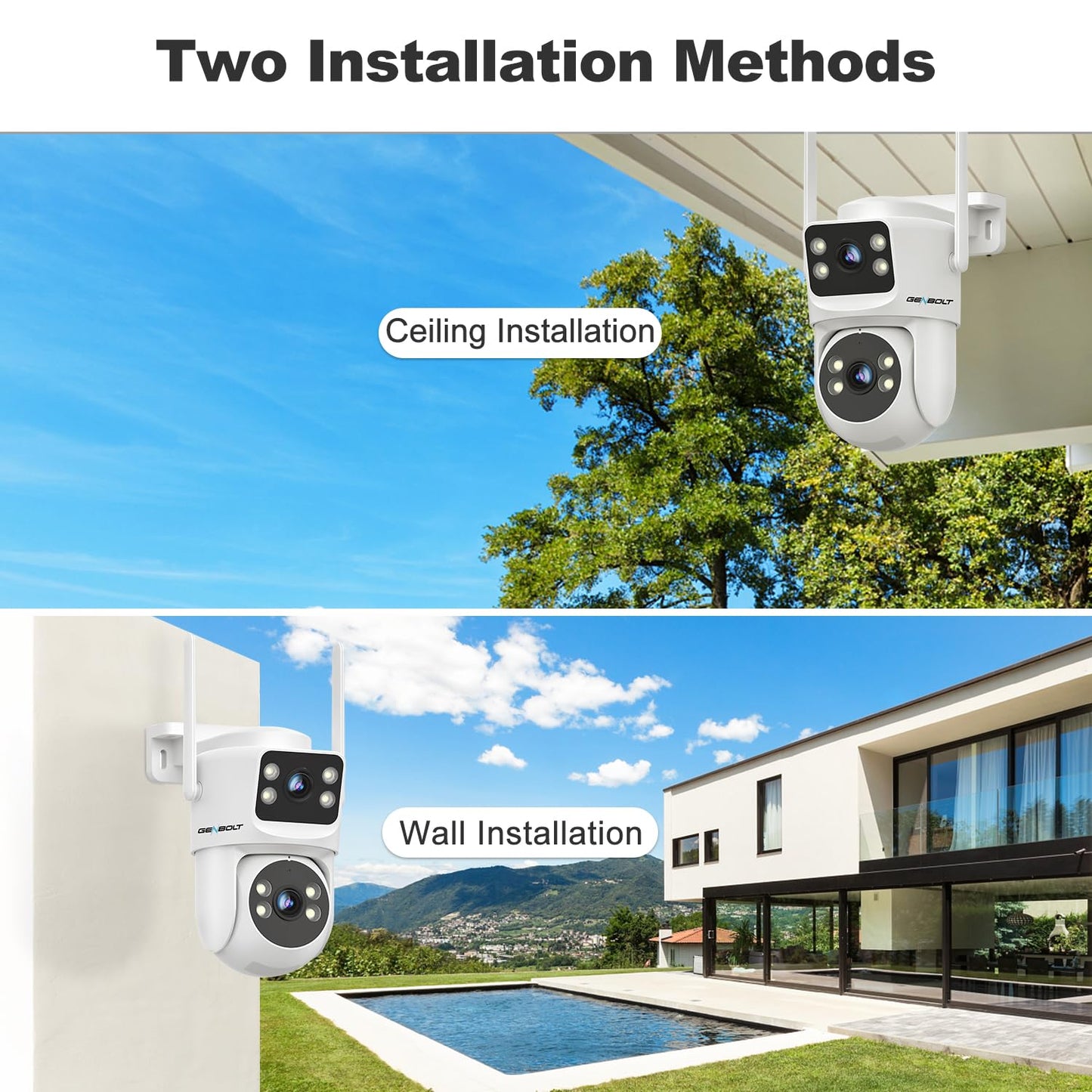 GENBOLT PTZ WiFi Security Camera Outdoor with Dual Lens, CCTV Surveillance with Dual View, Cloud Storage Upgraded with Color Night, Auto Tracking