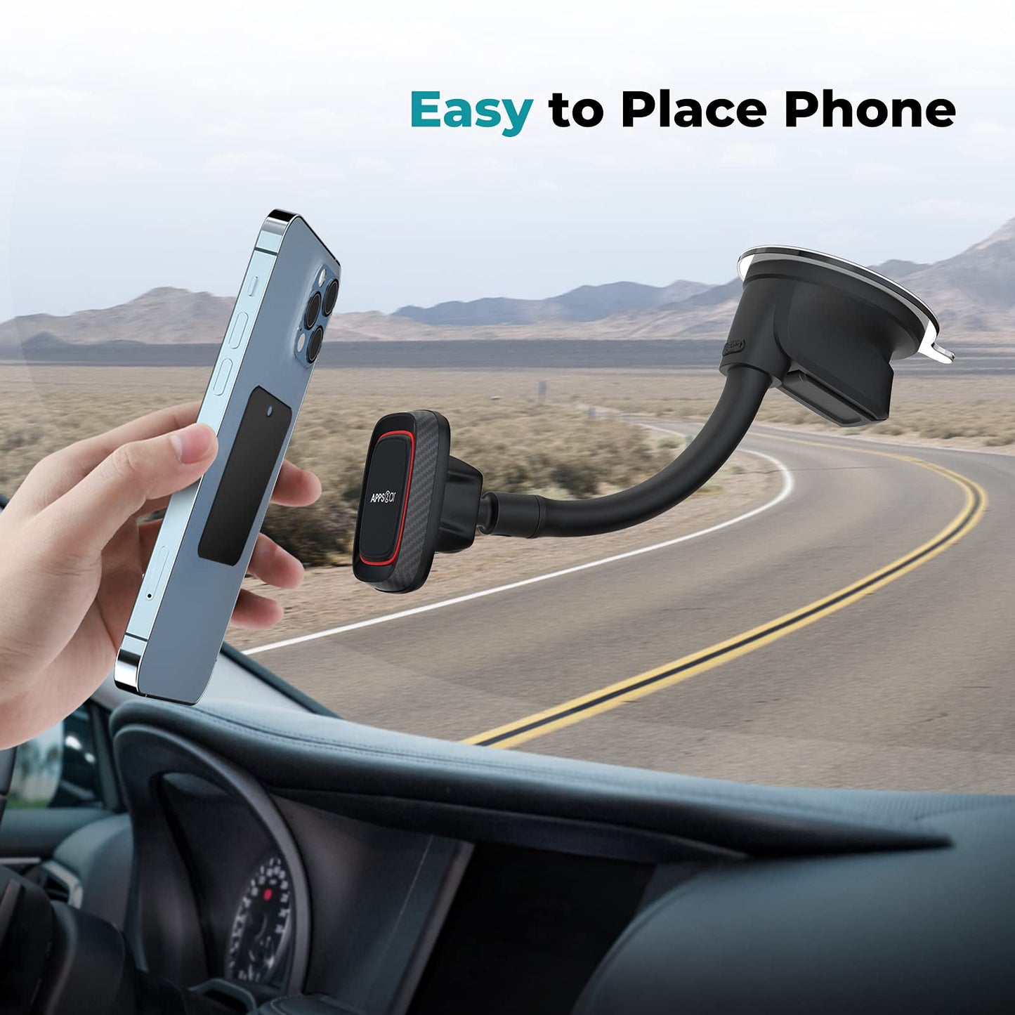APPS2Car Magnetic Phone Holder for Car, Dashboard Windshield Phone Holder Mount with Flexible Arm & Built-in Strong Magnets, Suction Cup Phone Holder