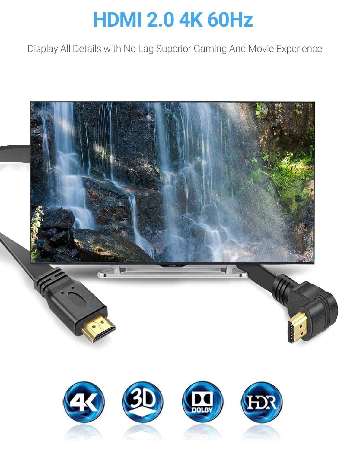 URWOOW Flat Slim High Speed HDMI Male to Male Extension Cable 90 Degree Down Angle (1 Feet) Adapter Converter Cable