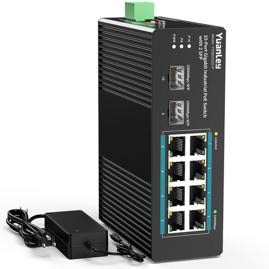 YuanLey 10 Port Industrial Switch with 8 Port PoE Gigabit & 2X SFP Port, Unmanaged PoE Switch with 120W Power Adapter, IEEE802.3af/at, VLAN & RSTP