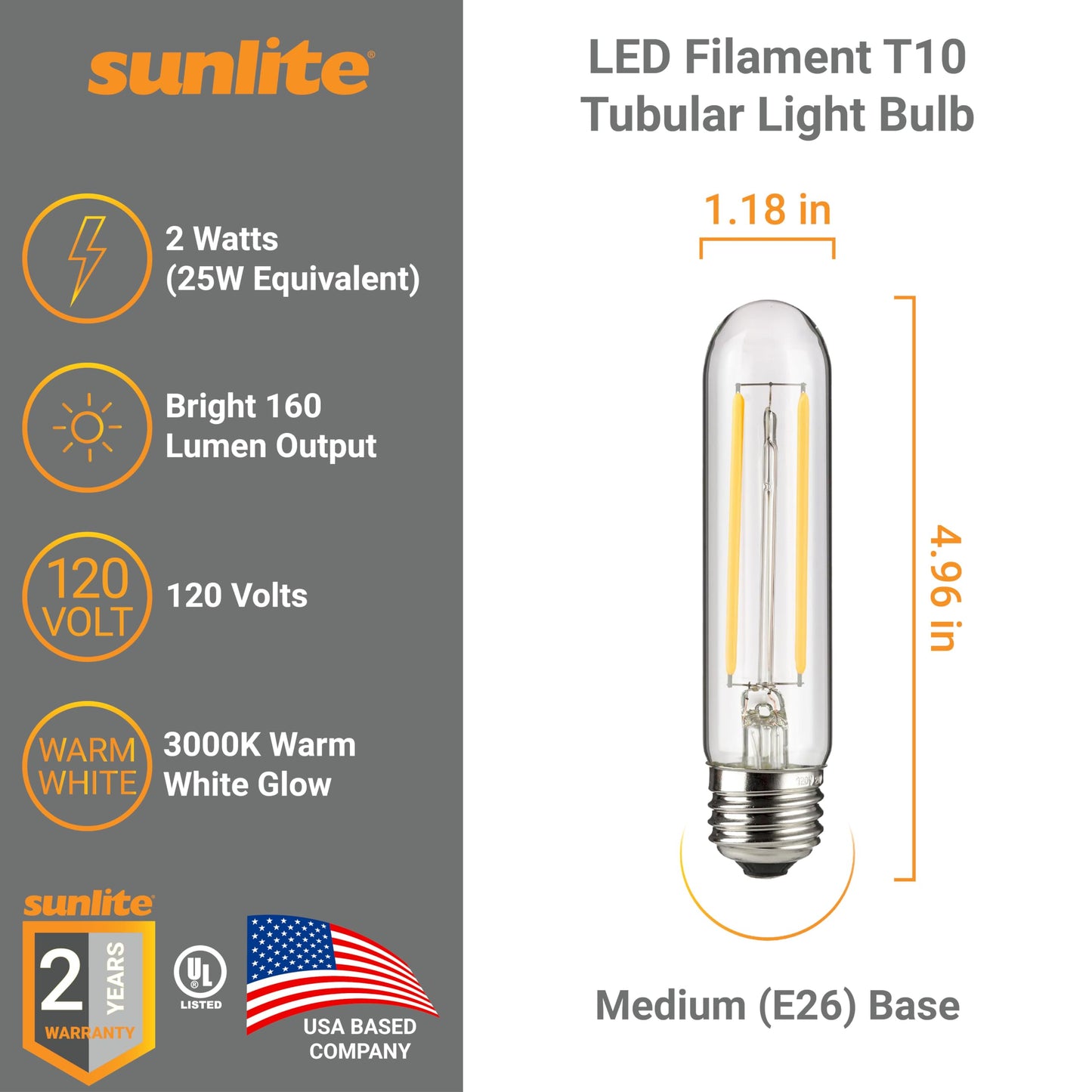 Sunlite LED Filament T10 Tubular Light Bulb, 2 Watts (25W Equivalent), 160 Lumens, Medium E26 Base, 120 Volts, Dimmable, 90 CRI, UL Listed, Clear