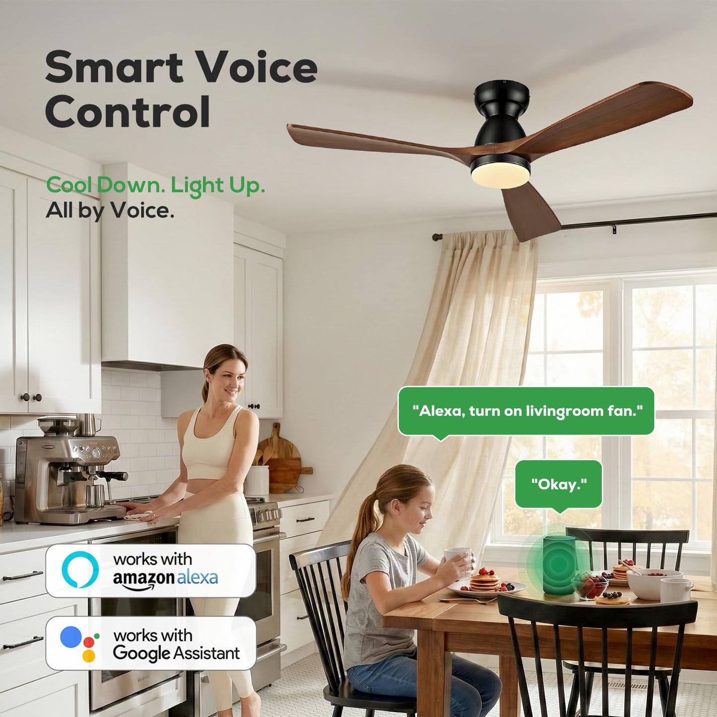 52in Smart Flush Mount Ceiling Fans with Lights,Outdoor Low Profile Wood Ceiling Fan Quiet DC Motor,Work with Alexa/Gg Voice