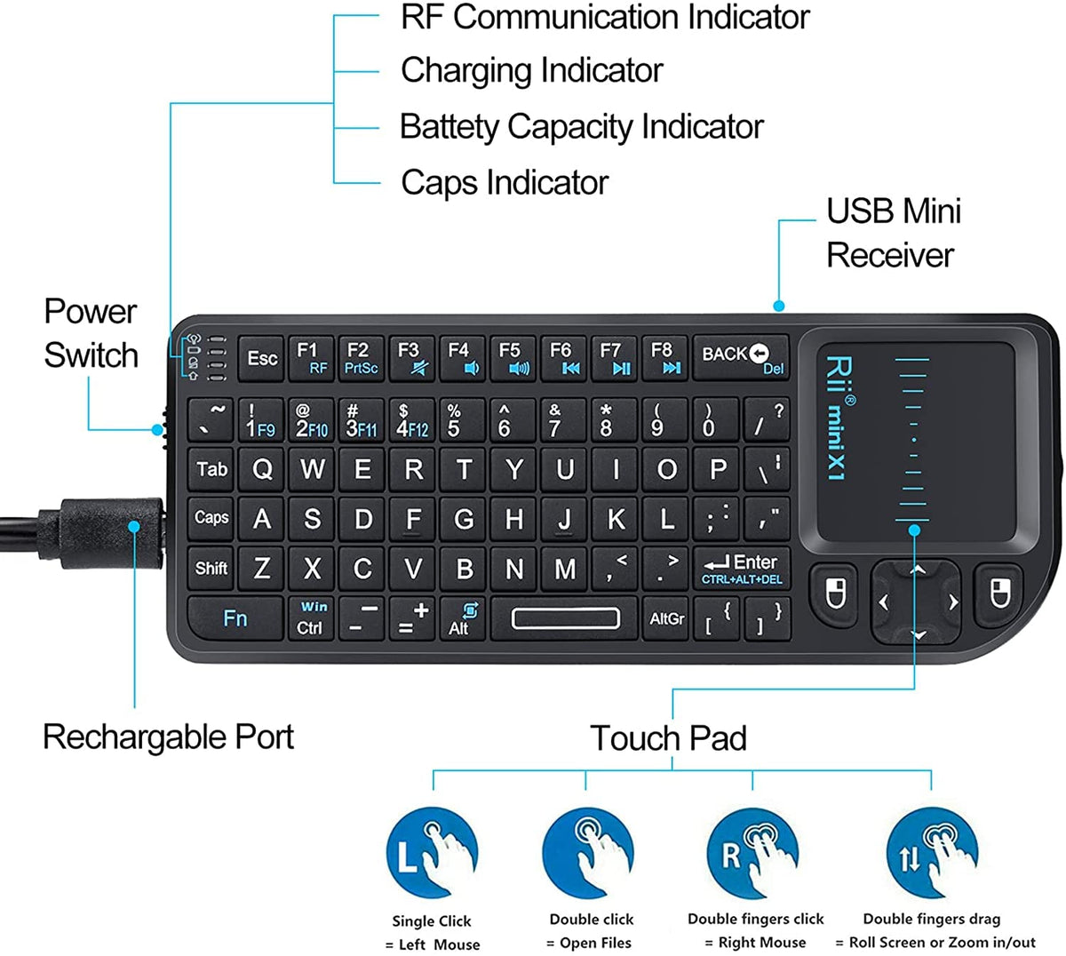 Rii 2.4G Mini Wireless Keyboard with Touchpad Mouse,Lightweight Portable Controller with USB Receiver Remote Control for Windows/ Mac/ Android
