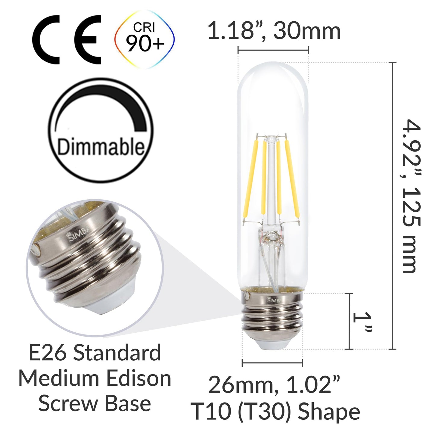 Simba Lighting LED T10 Edison Filament 6W 120V Light Bulb E26 4000K, 3 Pack